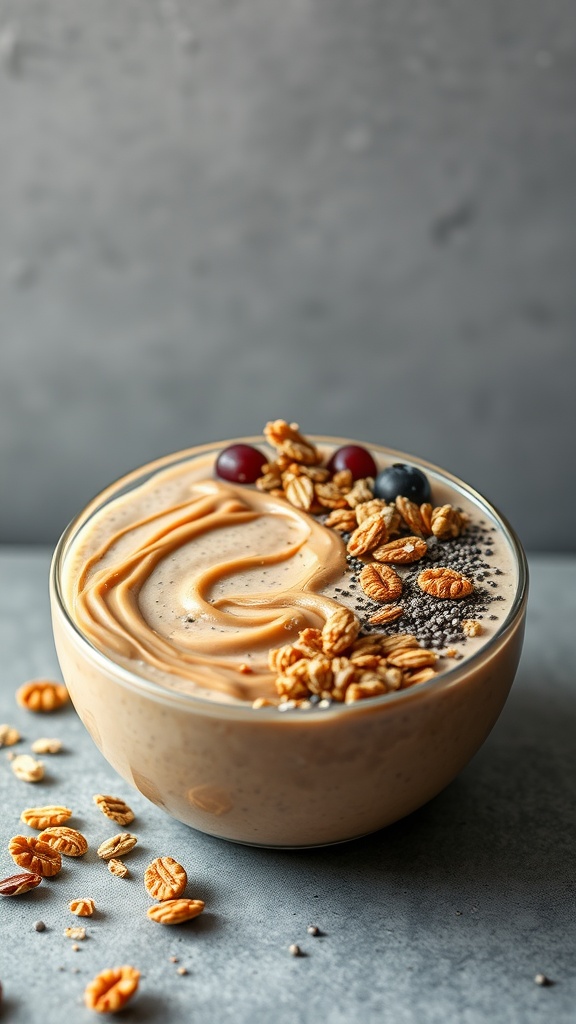 A delicious smoothie bowl topped with granola, berries, and nuts.