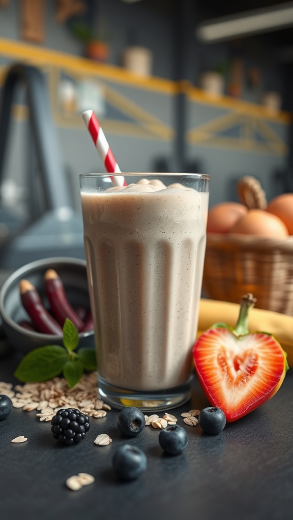 A delicious protein-packed smoothie with fruits and oats, garnished with a red and white straw.