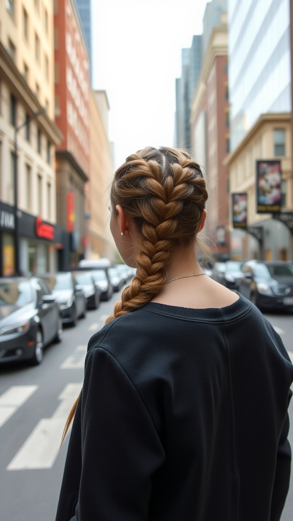 A person with a pull-through braid hairstyle, standing on a city street.