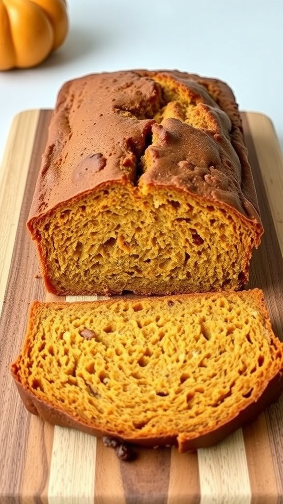 Loaf of pumpkin almond flour bread, sliced and presented on a wooden cutting board.