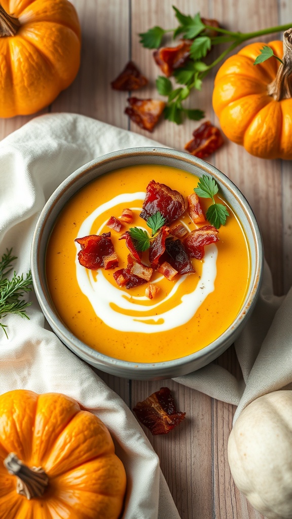 A creamy bowl of pumpkin bacon soup garnished with crispy bacon and parsley, surrounded by pumpkins.