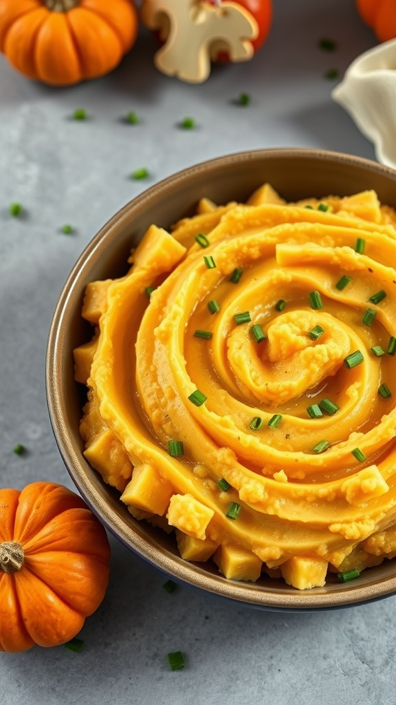 Bowl of pumpkin cauliflower mash garnished with chives