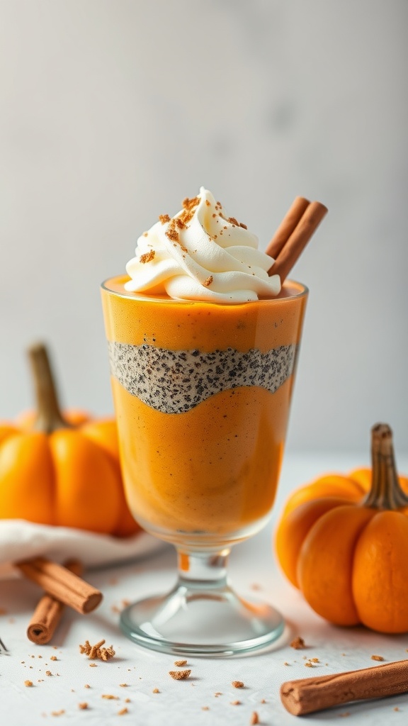 A glass of pumpkin chia seed pudding topped with whipped cream and cinnamon sticks.