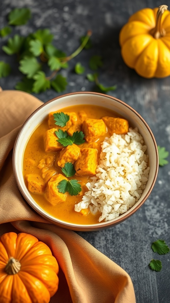 Bowl of pumpkin coconut curry with rice and garnished with cilantro