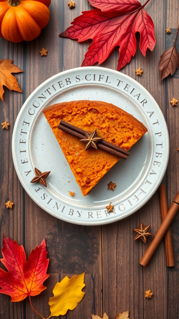 A slice of pumpkin cornbread served on a decorative plate with fall leaves and spices.