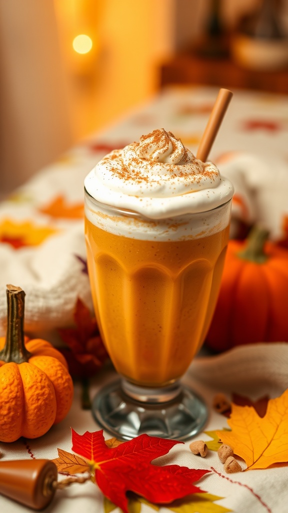 A creamy pumpkin pie smoothie topped with whipped cream and cinnamon.