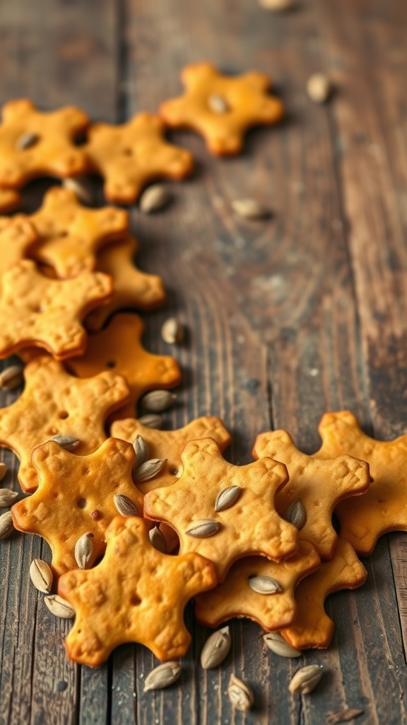 A variety of pumpkin seed crackers arranged on a wooden surface.