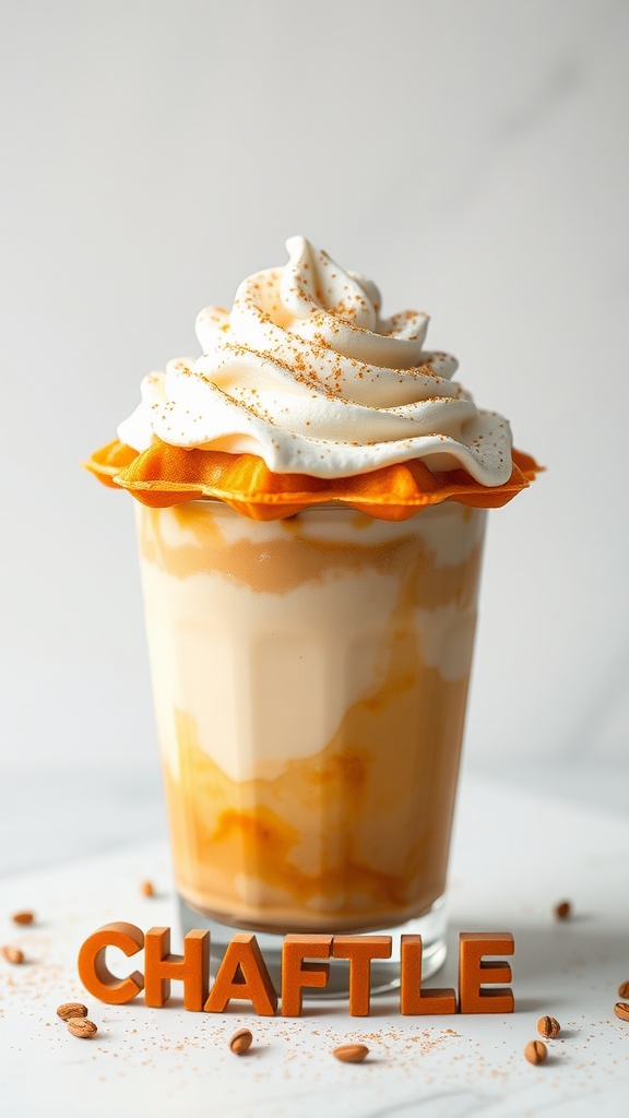 A delicious pumpkin spice chaffle topped with whipped cream and a dusting of pumpkin spice.