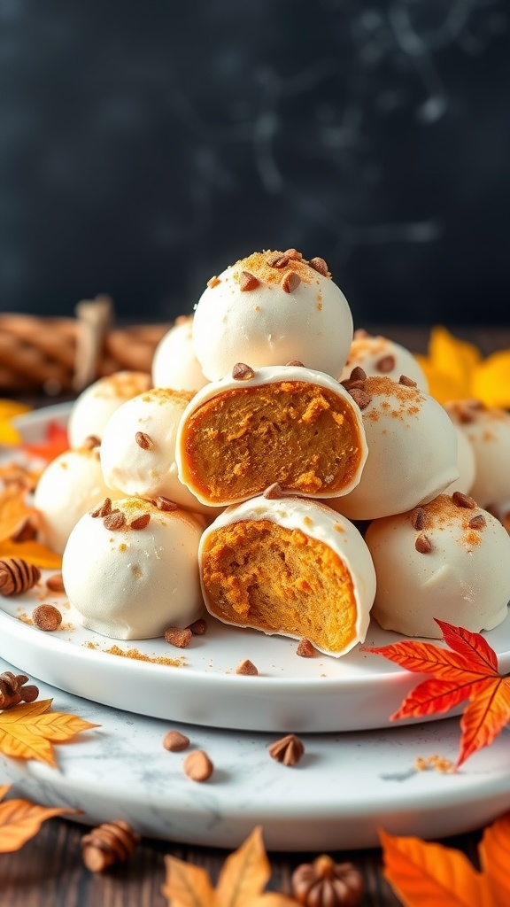 Delicious pumpkin spice fat bombs displayed on a plate with autumn leaves and nuts.