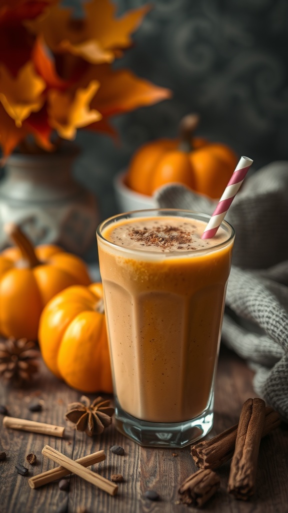 A refreshing pumpkin spice fiber smoothie served in a glass with a straw.