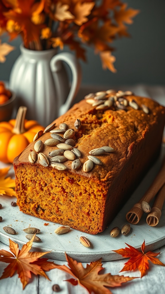A loaf of pumpkin spice gluten free bread topped with pumpkin seeds, surrounded by autumn leaves and decorative pumpkins.