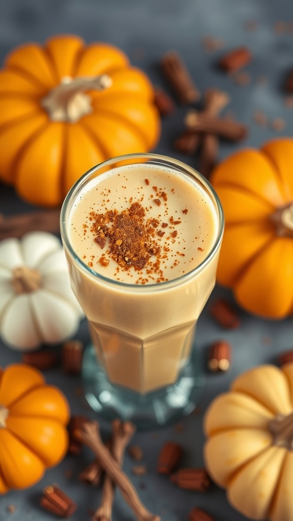 A pumpkin spice smoothie topped with spices, surrounded by pumpkins and cinnamon sticks.