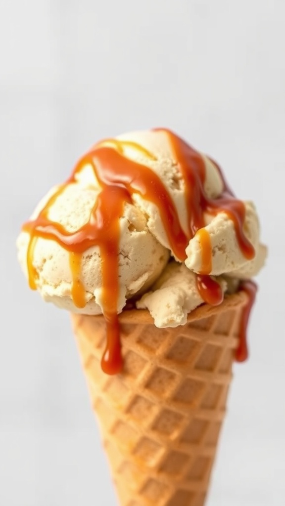 Pumpkin Spice Ice Cream in a cone with caramel drizzle