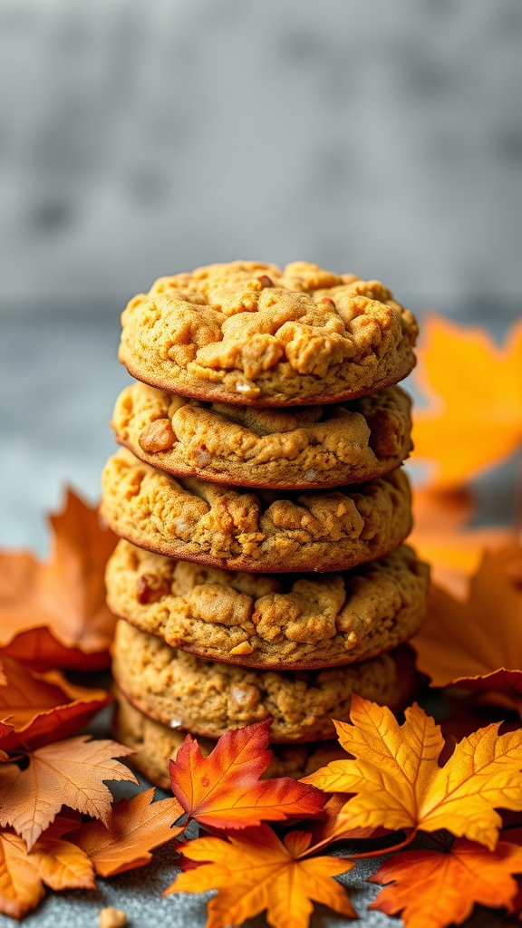 Pumpkin spice keto biscuits stacked with autumn leaves.