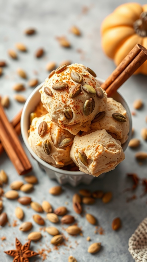 Bowl of pumpkin spice keto ice cream with toppings and cinnamon sticks