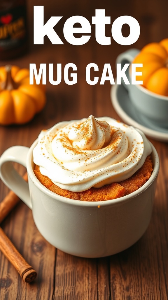 A delicious pumpkin spice keto mug cake topped with whipped cream and cinnamon.