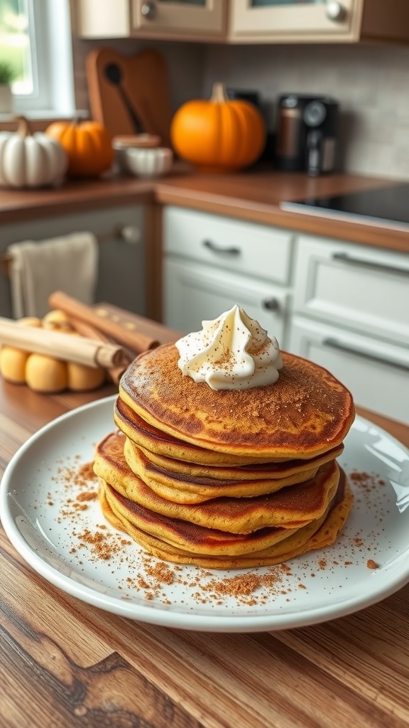 Delicious stack of pumpkin spice keto pancakes topped with whipped cream.