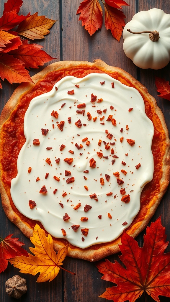 Pumpkin spice keto pizza with cream topping and nuts