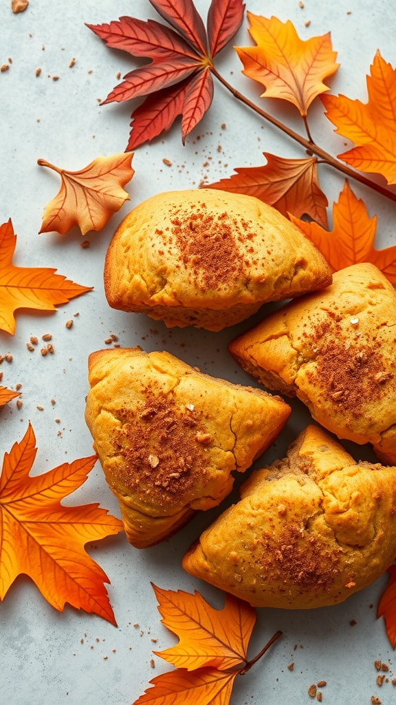 Delicious pumpkin spice scones surrounded by autumn leaves.