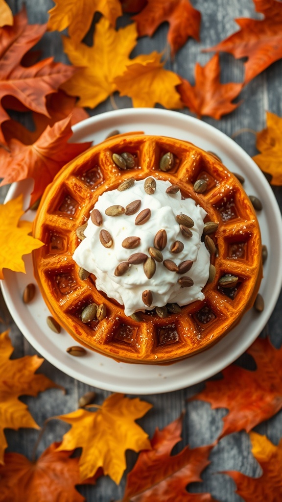 Pumpkin spice waffles topped with whipped cream and pumpkin seeds, surrounded by autumn leaves.
