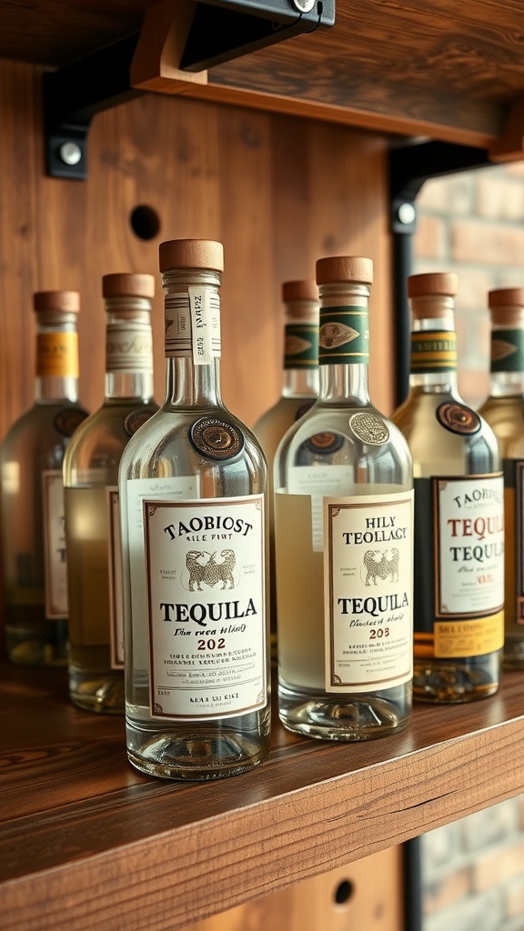 Selection of tequila bottles on a wooden shelf.