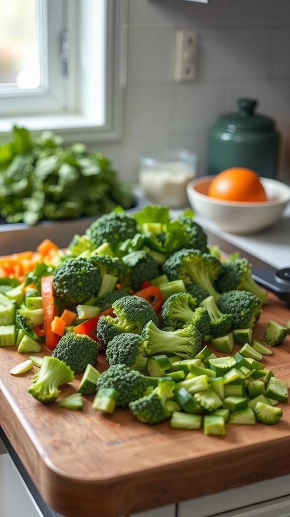 Freshly prepared broccoli salad with colorful vegetables on a wooden cutting board.