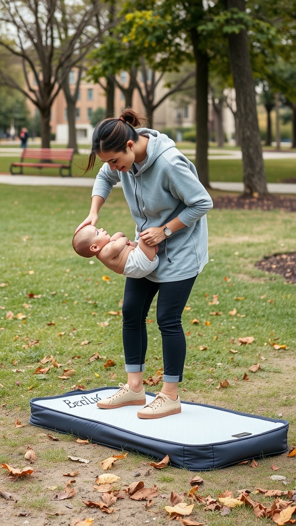 A mother changing her baby's diaper on a portable changing mat in a park.