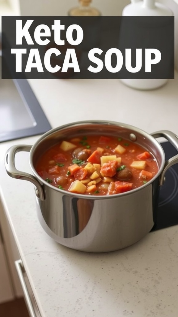 A pot of keto taco soup with colorful vegetables.