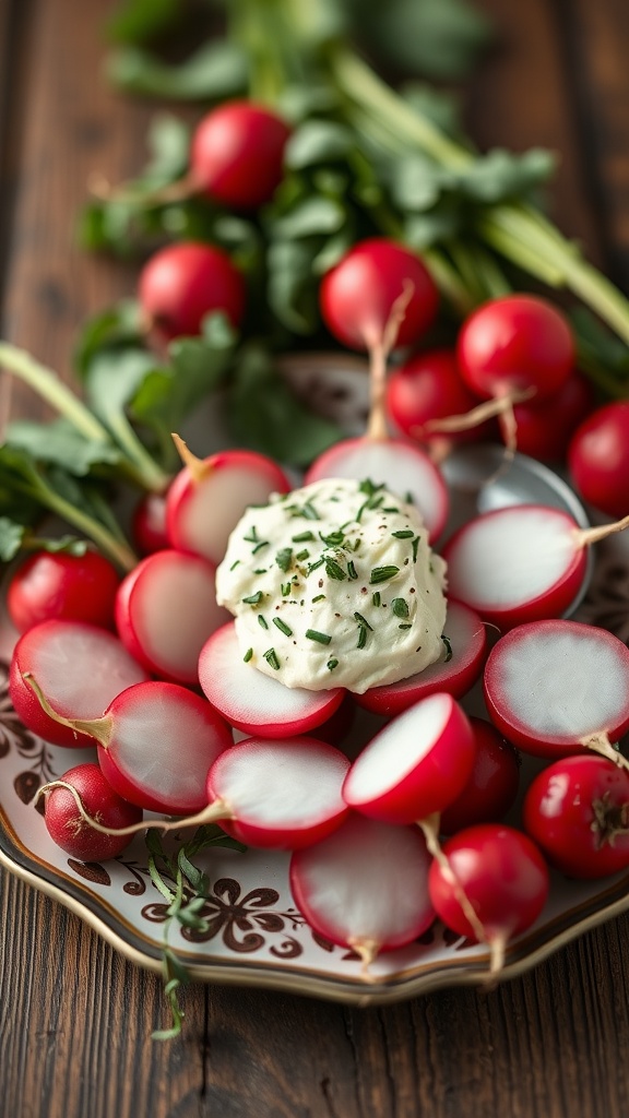 Radish and herb butter bites on a decorative plate