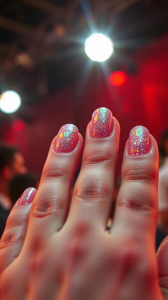 A hand showing off colorful nails with a rainbow glitter fade design.