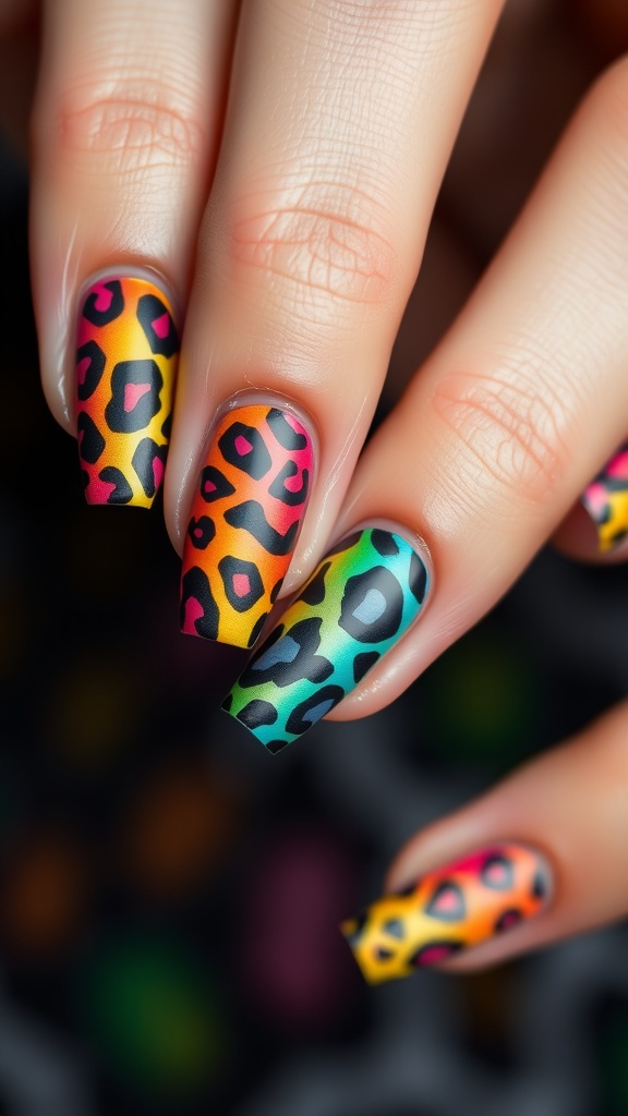 Colorful rainbow leopard print nails on a hand