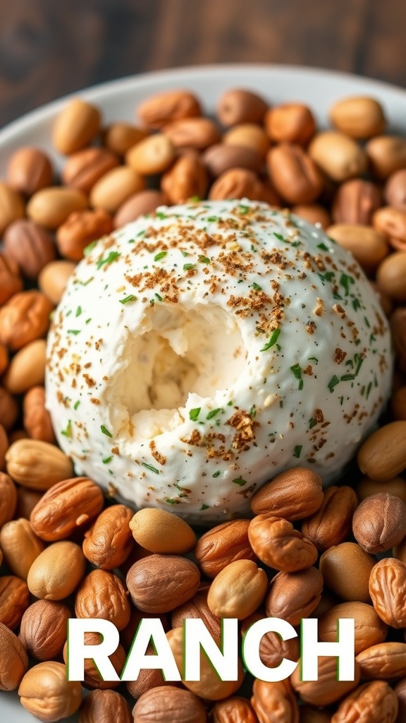 A ranch cheese ball surrounded by mixed nuts, ready to be served as a keto appetizer.
