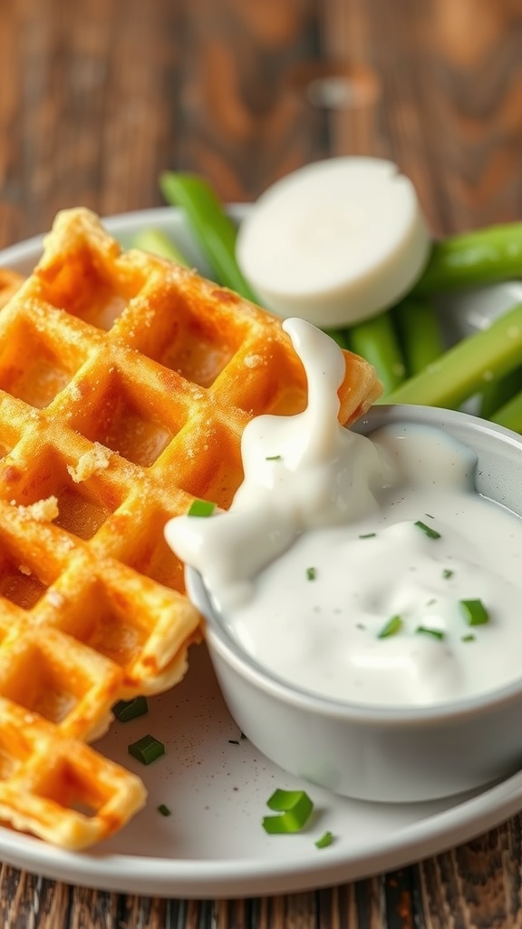 A delicious ranch dressing chaffle served with ranch dip and green vegetables