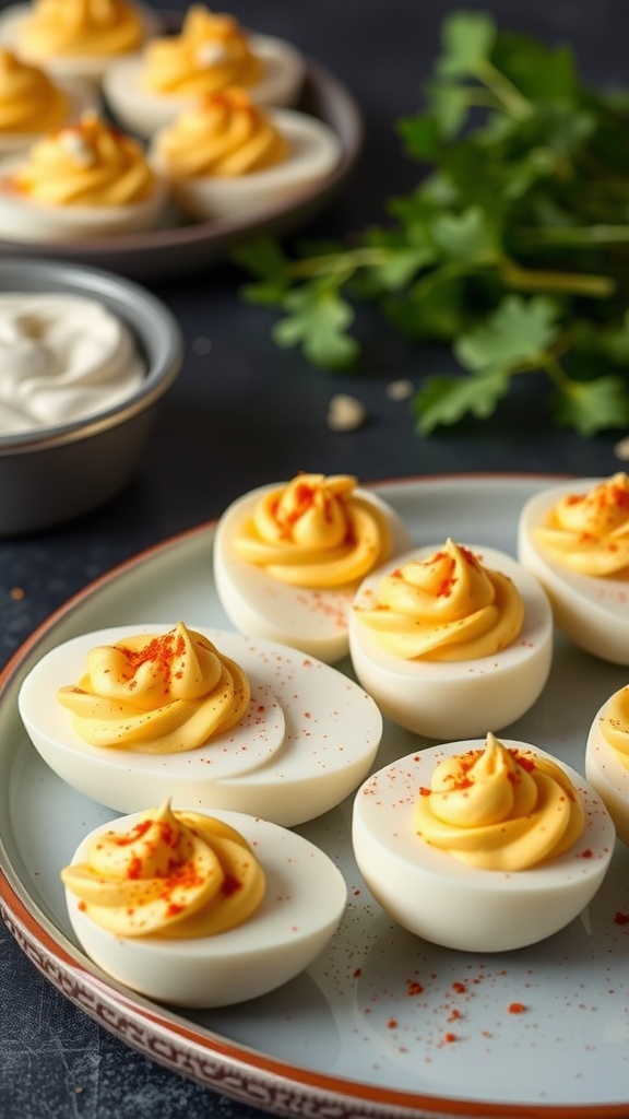 A plate of ranch style deviled eggs garnished with paprika and herbs.