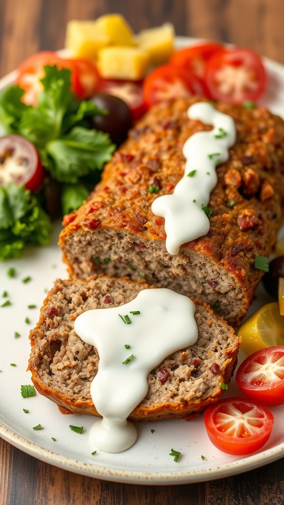 A beautifully presented Ranch Style Meatloaf garnished with ranch dressing and surrounded by fresh vegetables.