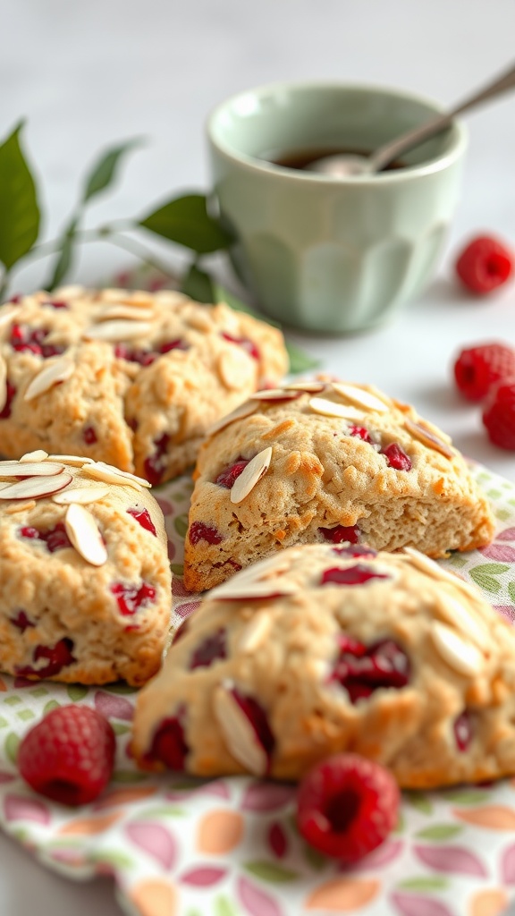 Raspberry Almond Scones with slivered almonds on top