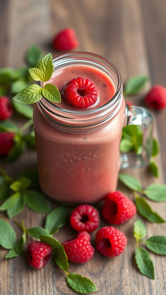 A jar of raspberry and green tea smoothie garnished with a raspberry and mint leaves.