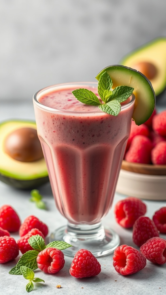 A refreshing Raspberry Avocado Fiber Smoothie in a tall glass garnished with mint leaves.