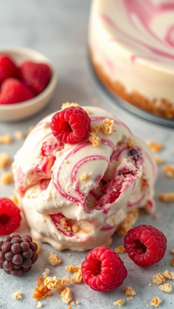 A scoop of Raspberry Cheesecake Keto Ice Cream with raspberries and crushed graham crackers