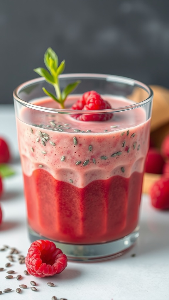 A glass of Raspberry Chia Delight smoothie topped with fresh raspberries and chia seeds.