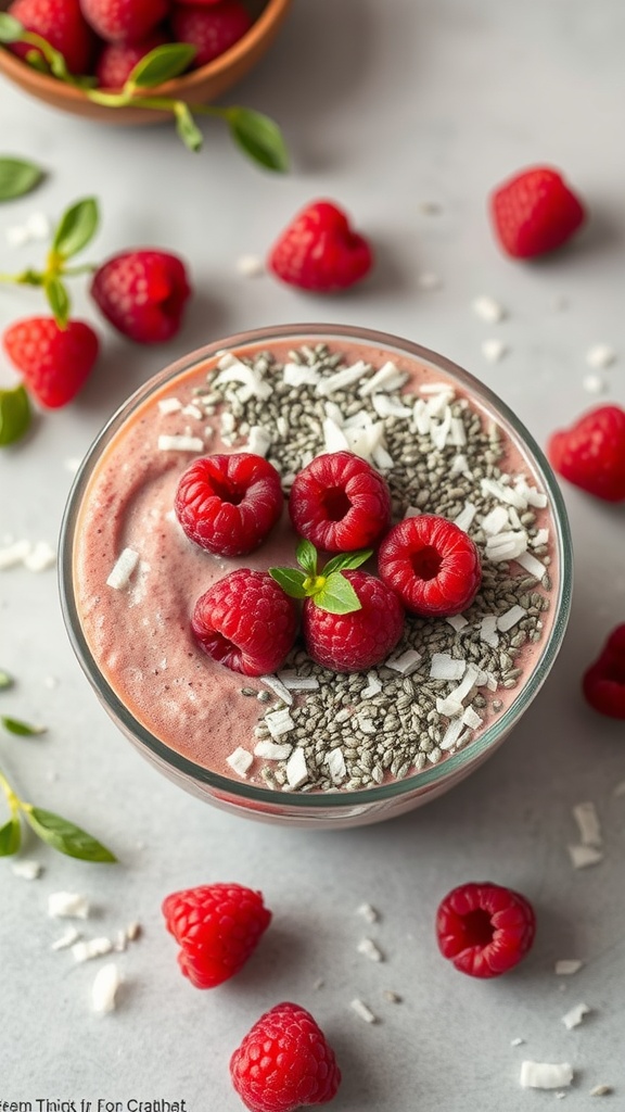 A delicious raspberry smoothie bowl topped with chia seeds, fresh raspberries, and shredded coconut.