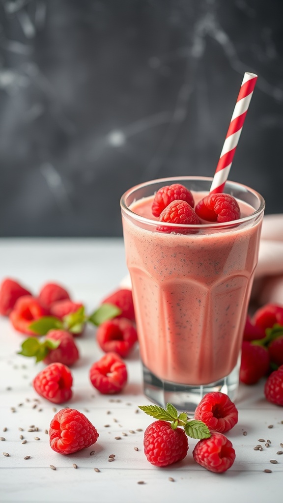 A refreshing raspberry chia seed smoothie with fresh raspberries and a striped straw.