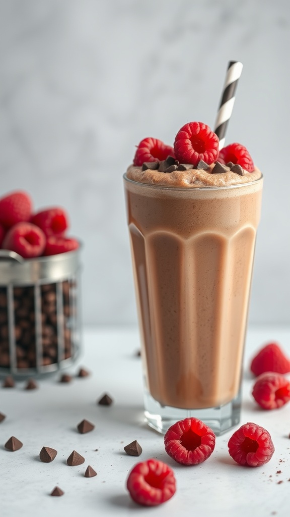 A refreshing Raspberry Chocolate Coffee Smoothie in a glass, topped with raspberries and chocolate chips.
