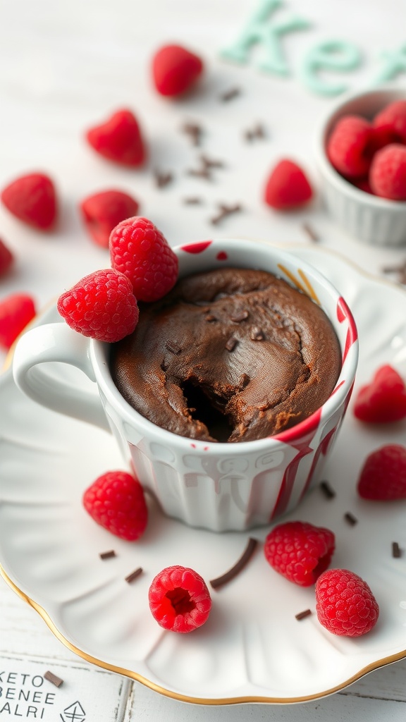 A keto mug cake topped with fresh raspberries in a decorative dish.