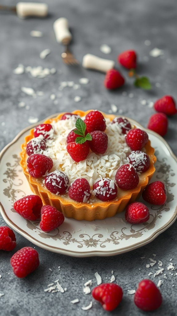 A delicious raspberry coconut tart garnished with fresh raspberries and coconut flakes.