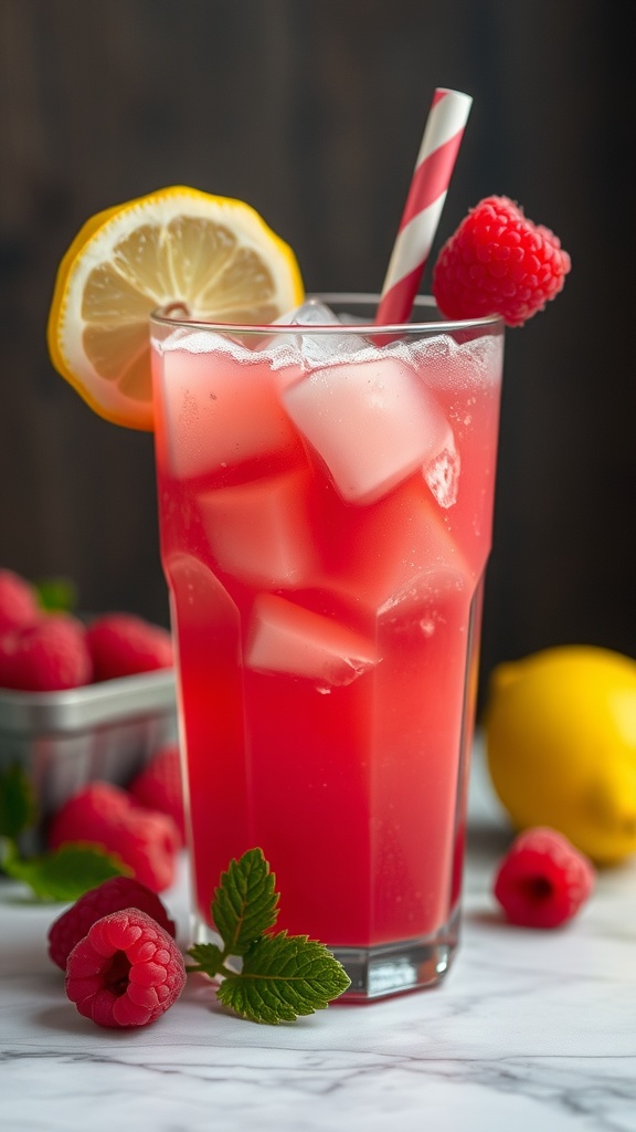 A refreshing raspberry lemonade cooler smoothie served in a glass, garnished with a lemon slice and raspberries.