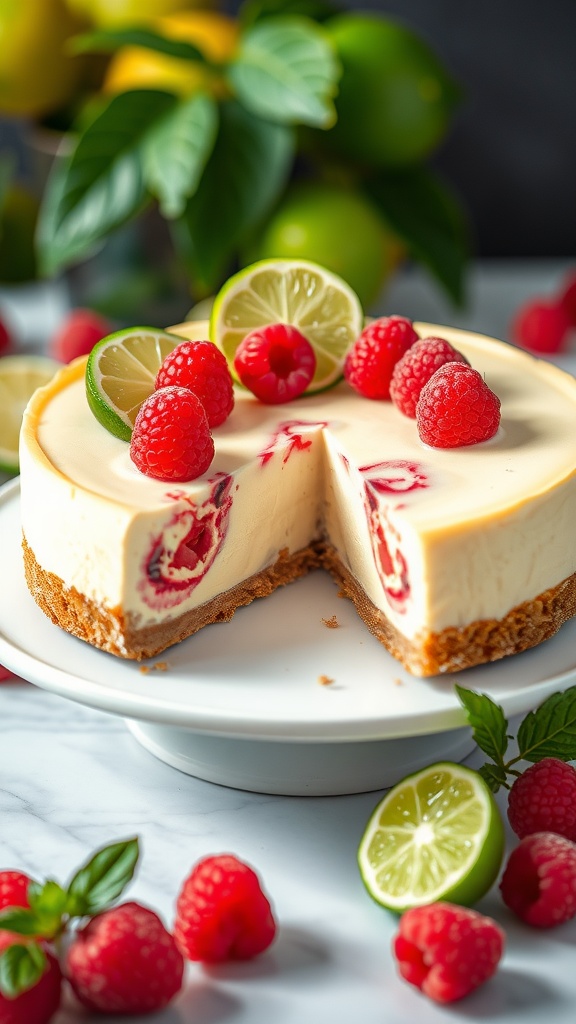 A slice of raspberry lime keto cheesecake topped with fresh raspberries and lime slices.