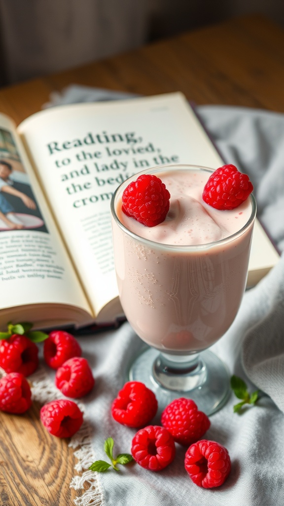 A glass of raspberry yogurt smoothie with fresh raspberries around it.