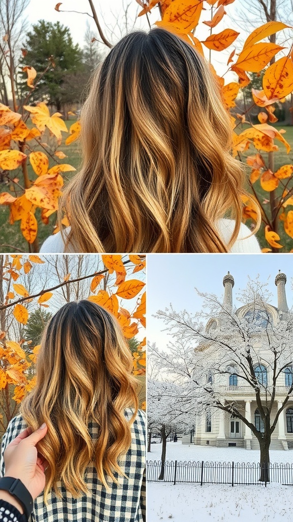 A person with bronde hair standing among autumn leaves, showcasing soft waves and vibrant color