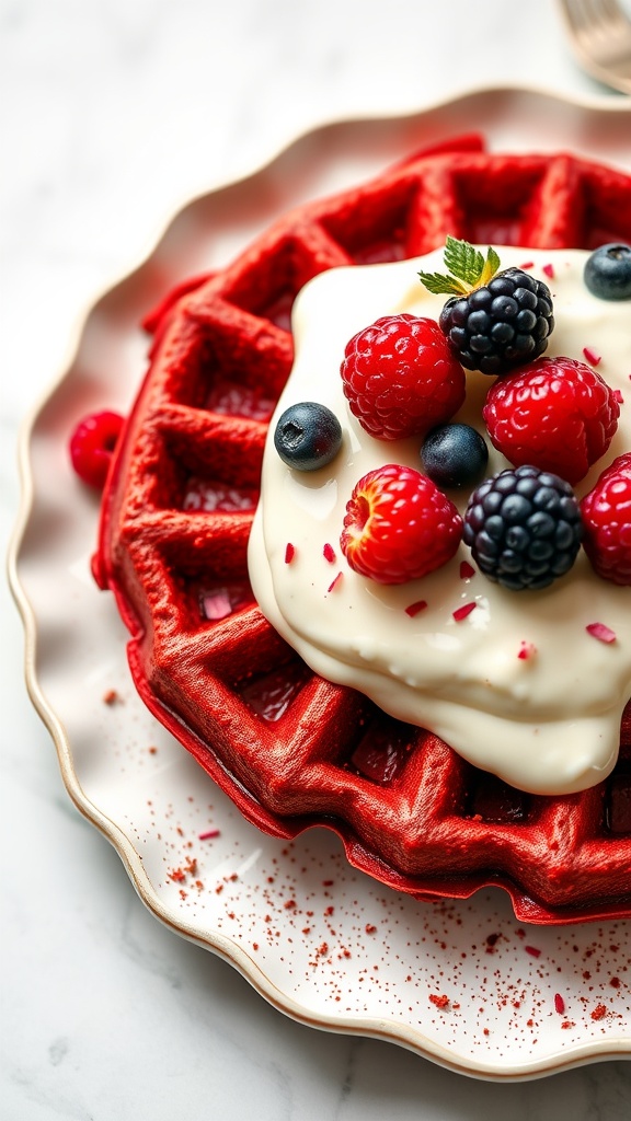 Delicious red velvet waffles topped with cream cheese frosting and fresh berries.